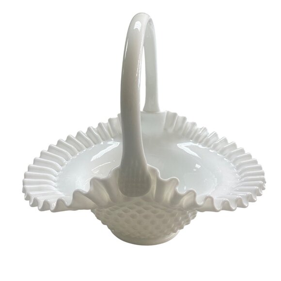 Fenton Hobnail Milk Glass Basket With Ruffled Edge - Picture 4 of 11